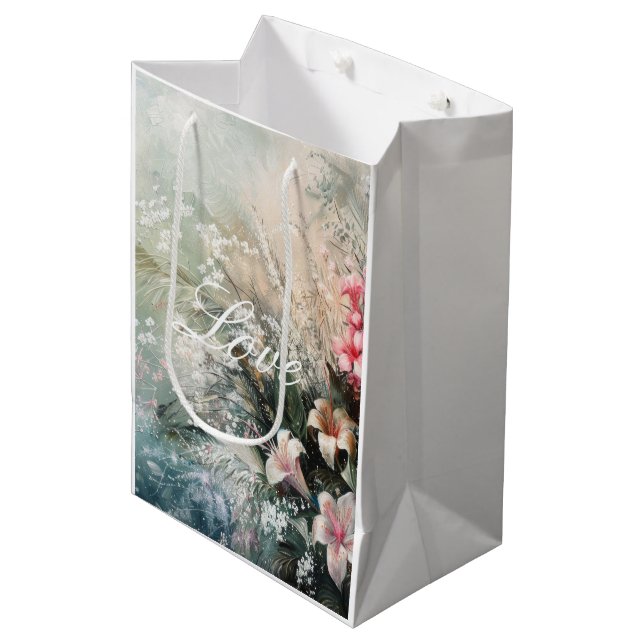 Tropical Pink White Hibiscus Floral Love  Medium Gift Bag (Front Angled)