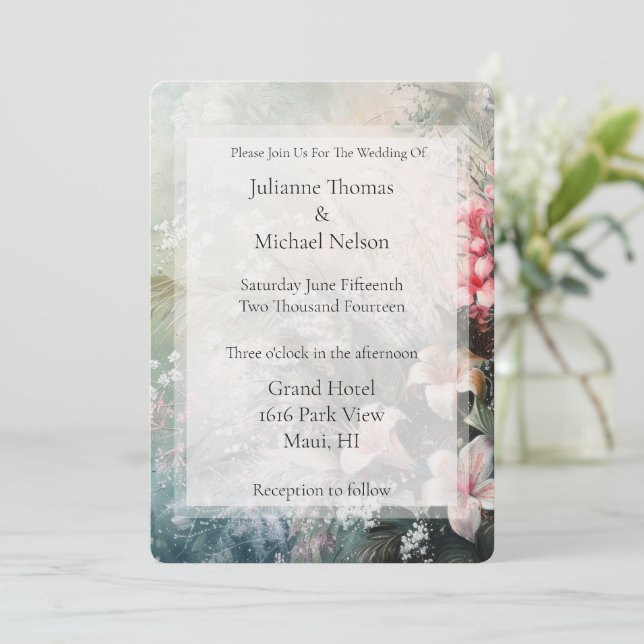 Tropical Pink White Hibiscus Floral Wedding Invitation (Standing Front)