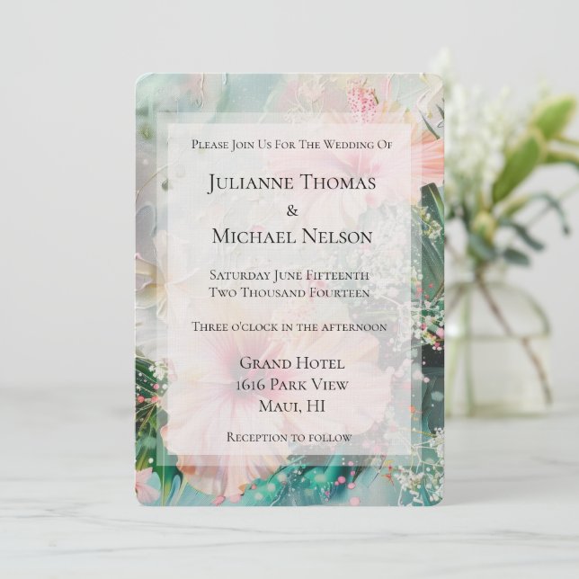 Tropical Pink White Hibiscus Floral Wedding Invitation (Standing Front)