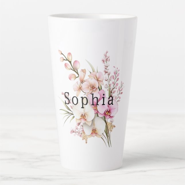 Tropical Pink White Orchid Flowers Birthday Latte Mug (Front)
