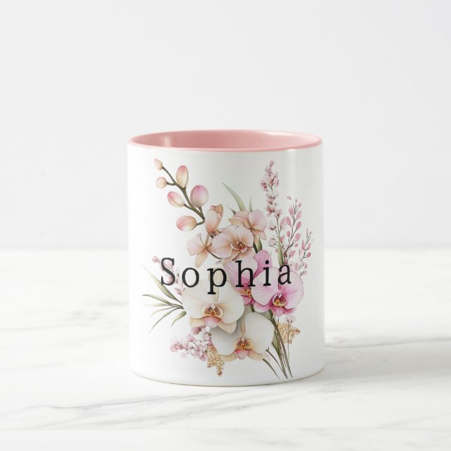 Tropical Pink White Orchid Flowers Birthday Mug (Center)