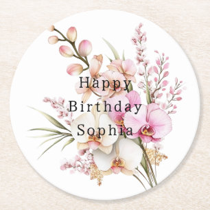 Tropical Pink White Orchid Flowers Birthday Round Paper Coaster