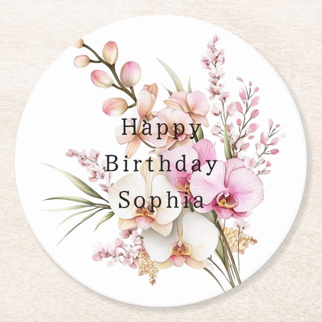 Tropical Pink White Orchid Flowers Birthday Round Paper Coaster (Front)