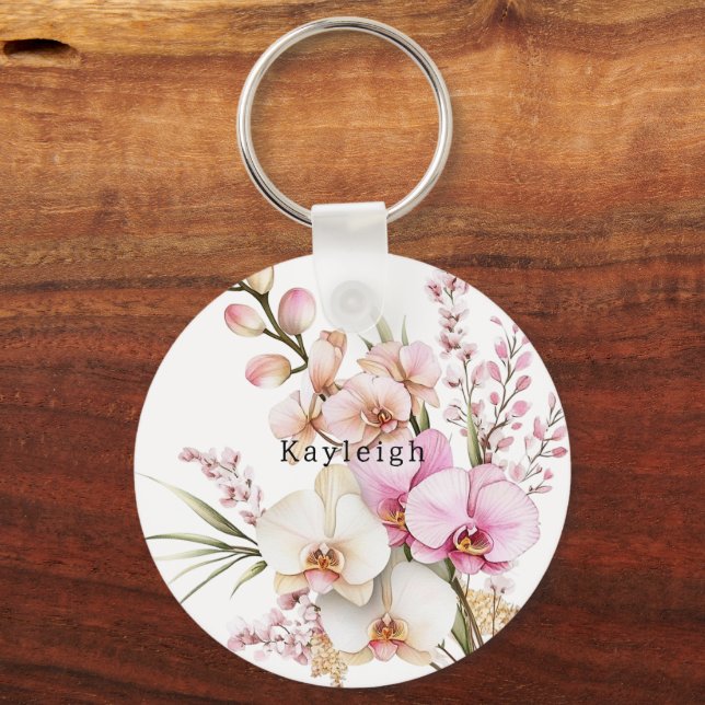Tropical Pink White Orchid Flowers Key Ring (Front)