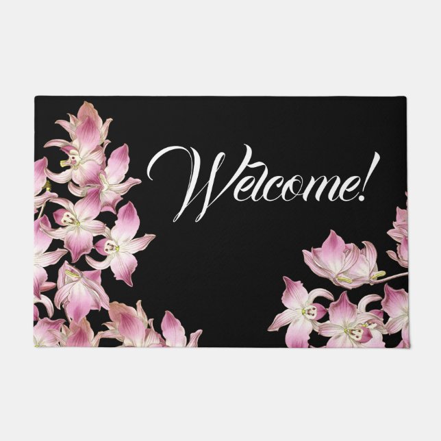 Tropical Pink White Orchid Flowers Welcome Doormat (Front)