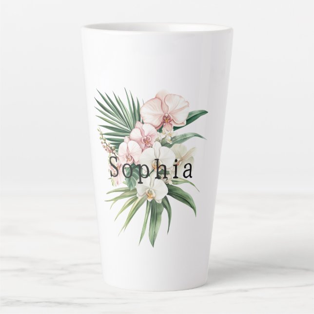 Tropical Pink White Orchid Leaves Flowers Birthday Latte Mug (Front)