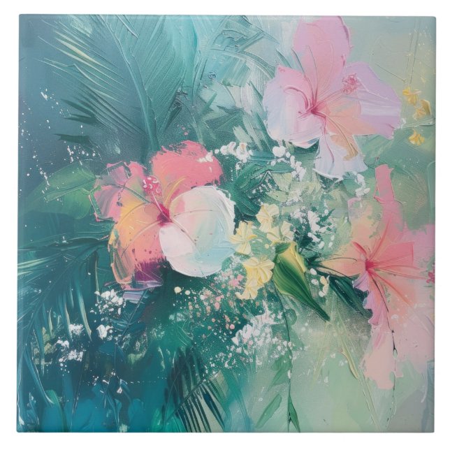 Tropical Pink White Yellow Floral Tile (Front)