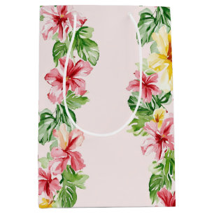 Tropical Pink Yellow Hibiscus Flowers Birthday Medium Gift Bag