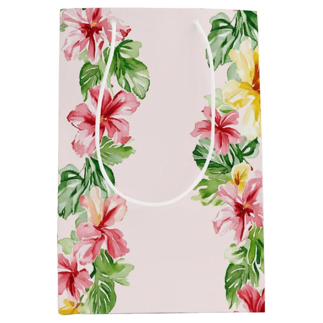 Tropical Pink Yellow Hibiscus Flowers Birthday Medium Gift Bag (Front)