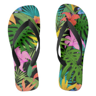Tropical Plants and Colourful Flowers Flip Flops