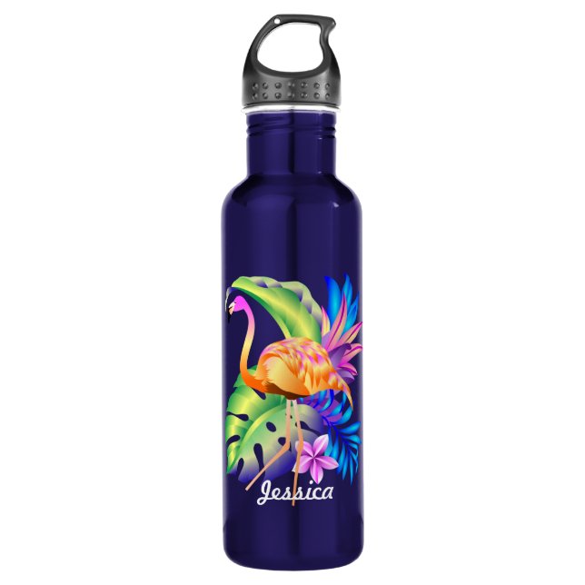 Tropical Plants and Flamingo Personalised 710 Ml Water Bottle (Front)