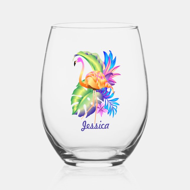 Tropical Plants and Flamingo Personalised Stemless Wine Glass (Front)