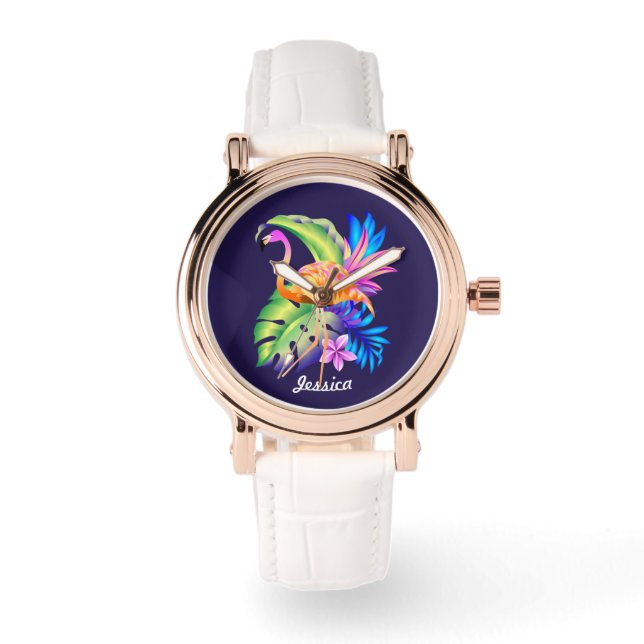 Tropical Plants and Flamingo Personalised Watch (Front)