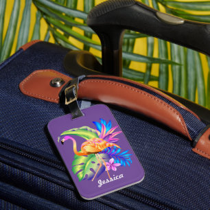 Tropical Plants and Flamingo Purple Personalised Luggage Tag