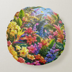 Tropical Plants and Flowers on a Sunny Day Round Cushion