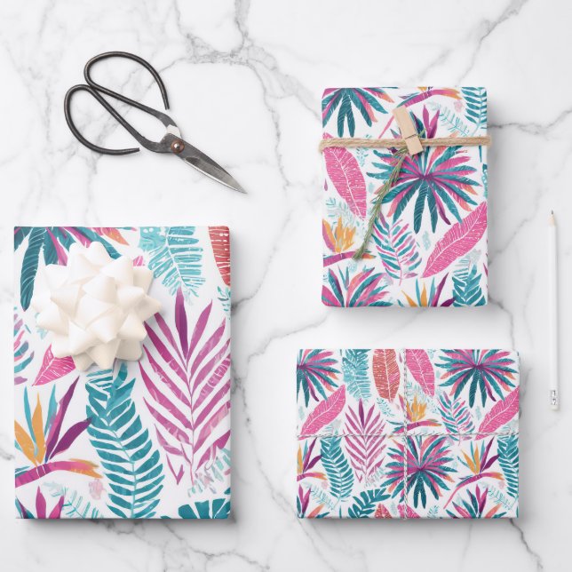 Tropical plants and flowers pattern wrapping paper sheet (Front)