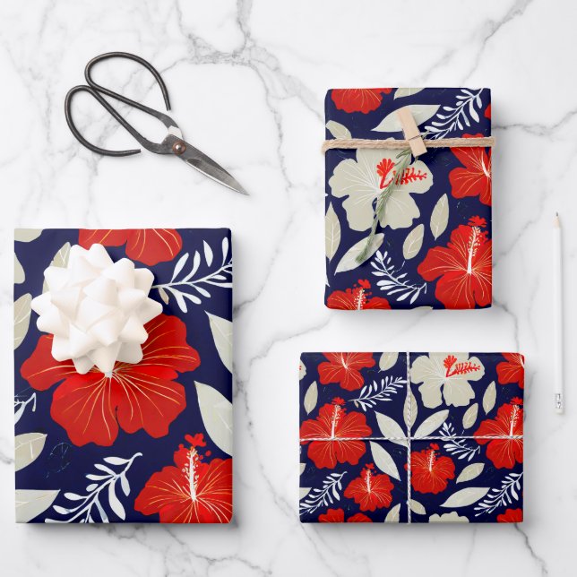 Tropical plants and flowers pattern wrapping paper sheet (Front)