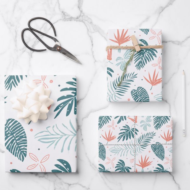 Tropical plants and flowers pattern wrapping paper sheet (Front)