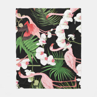 Tropical Plants Birds Coloured Illustration Fleece Blanket