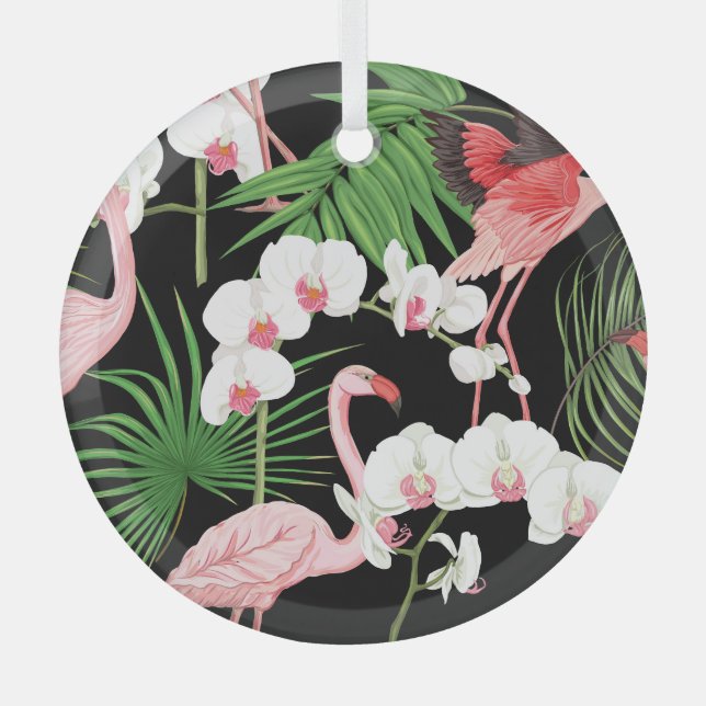 Tropical Plants Birds Coloured Illustration Glass Tree Decoration (Front)