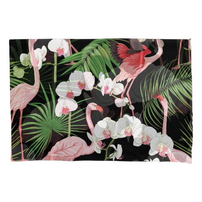 Tropical Plants Birds Coloured Illustration Pillowcase (Front)