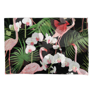 Tropical Plants Birds Coloured Illustration Pillowcase