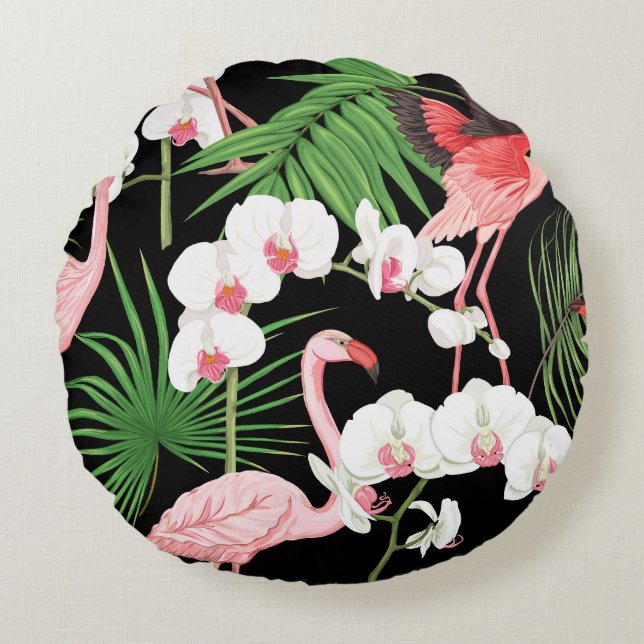 Tropical Plants Birds Coloured Illustration Round Cushion (Front)