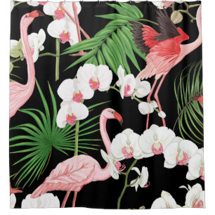 Tropical Plants Birds Coloured Illustration Shower Curtain