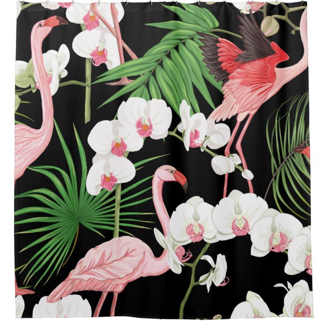 Tropical Plants Birds Coloured Illustration Shower Curtain (Front)