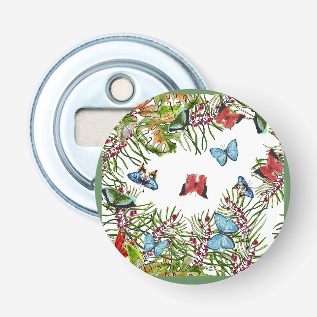 Tropical Plants Butterflies Berries Red Blue      Bottle Opener (Front)