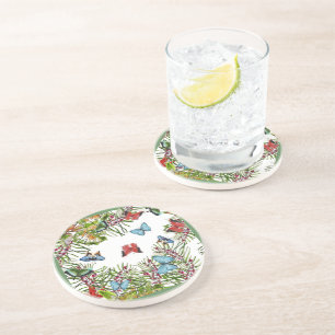 Tropical Plants Butterflies Berries Red Blue Coaster