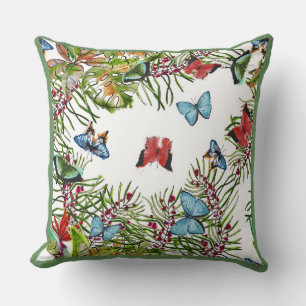 Tropical Plants Butterflies Berries Red Blue Cushion