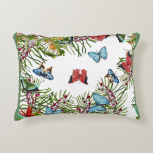 Tropical Plants Butterflies Berries Red Blue Decorative Cushion