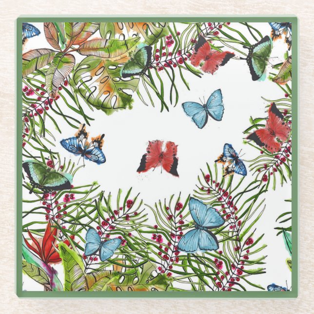 Tropical Plants Butterflies Berries Red Blue       Glass Coaster (Front)
