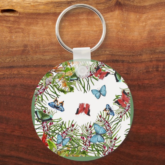 Tropical Plants Butterflies Berries Red Blue       Key Ring (Front)
