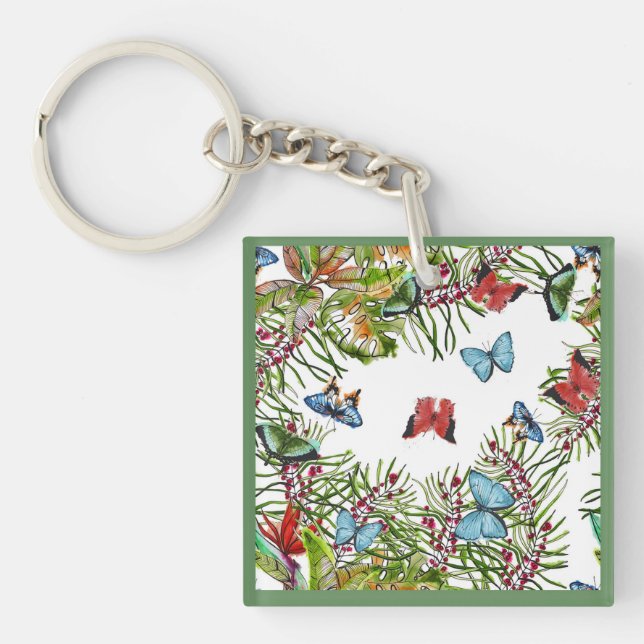 Tropical Plants Butterflies Berries Red Blue       Key Ring (Front)