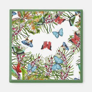 Tropical Plants Butterflies Berries Red Blue Magnet