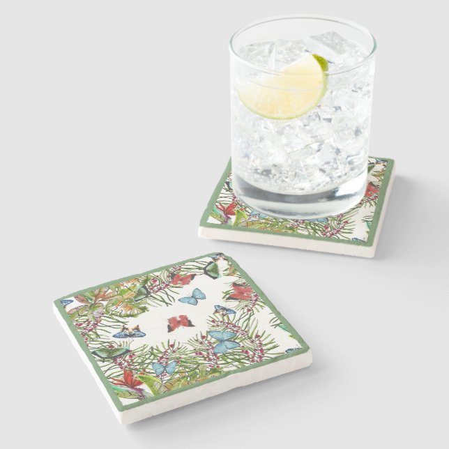 Tropical Plants Butterflies Berries Red Blue    Stone Coaster (Side)