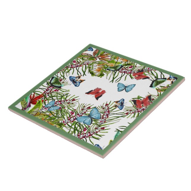 Tropical Plants Butterflies Berries Red Blue     Tile (Side)
