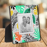 Tropical Plants Dots Pattern Frameless Photo Easel Plaque<br><div class="desc">Made to look dimensional, tropical plants and black dots pattern creates a beautiful frame for your favourite photo on this tabletop plaque with a built-in easel. The image is put directly on the hardboard panel for a stunningly crisp image with an easy wipe clean surface. Great as a gift or...</div>