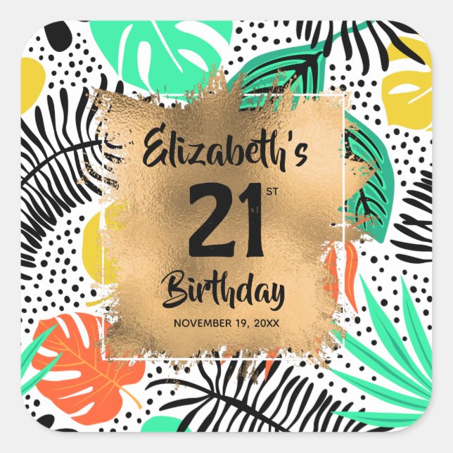 Tropical Plants Gold 21st Birthday Personalised Square Sticker (Front)
