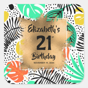 Tropical Plants Gold 21st Birthday Personalised Square Sticker