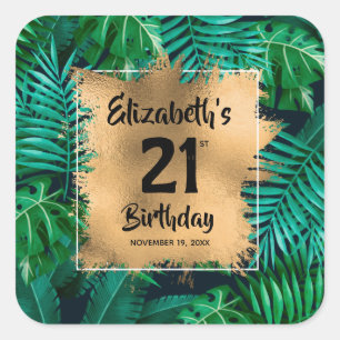 Tropical Plants Gold 21st Birthday Personalised Square Sticker