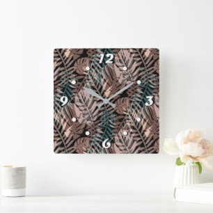 Tropical plants, jungle, tropics , beige ,leaves  square wall clock