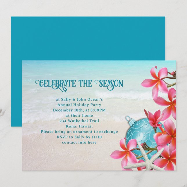 Tropical Plumeria Beach Holiday Party Invitations (Front/Back)
