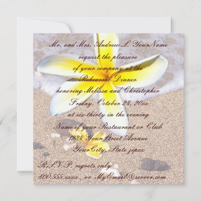 Tropical Plumeria Beach Wedding Rehearsal Dinner Invitation (Front)
