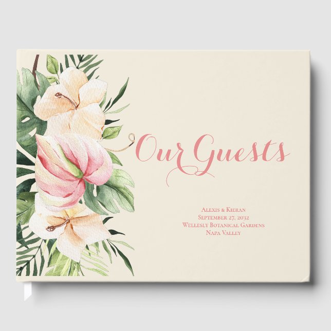 Tropical Plumeria & Flamingo Lily Floral Guest Boo Book (Front)
