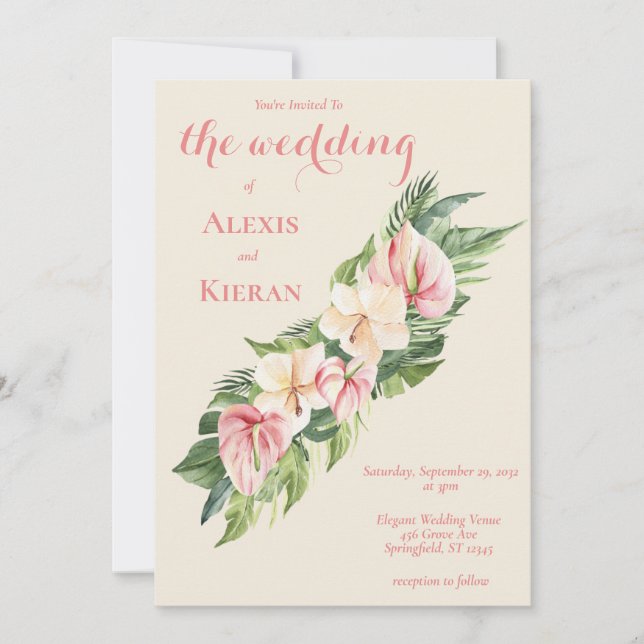 Tropical Plumeria & Flamingo Lily Garland Invitati Invitation (Front)