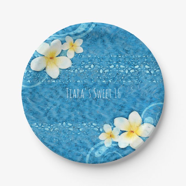 Tropical Plumeria Flower Blue Summer Party Paper Plate (Front)