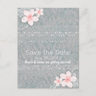 Tropical Plumeria Flower Grey Pink Save the Date Announcement Postcard